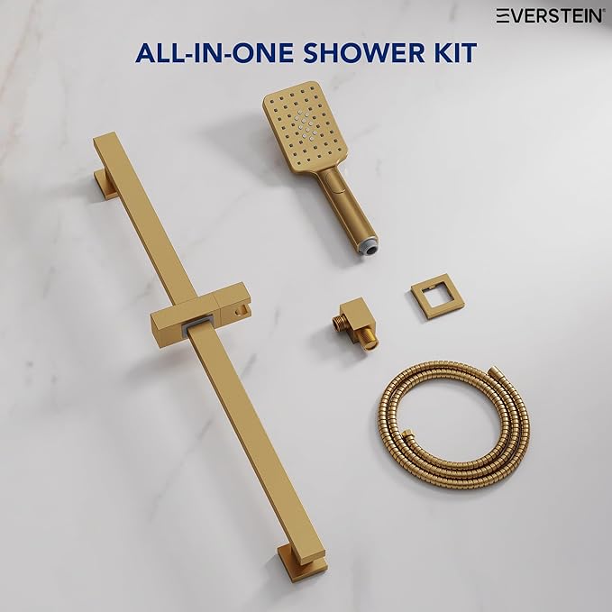 EVESTEIN Adjustable Hand Held Shower with Slide Bar, 3-Function Handshower Head with Hose, Brushed Gold