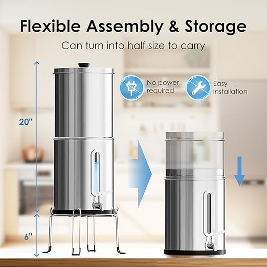 2.25G Gravity Water Filtration System - Water Level Window、8-Stage 0.01μm Ultra-Filtration,18/8 Stainless Steel Countertop System - Reduce Up to 99.9% Chlorine, for Home, RVing, Camping