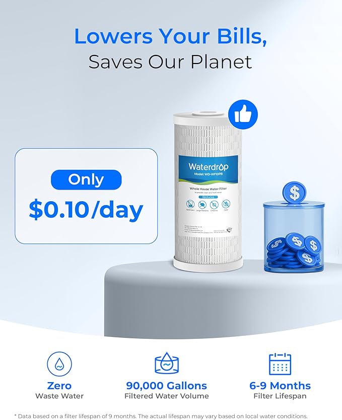 Waterdrop Whole House Water Filter, Sediment Filter, Reduce Chlorine Filter Cartridge, Replacement for GE® FXHTC, GXWH40L, iSpring, Culligan® RFC-BBSA, Whirlpool®, Any 10" x 4.5" System, 5 Micron