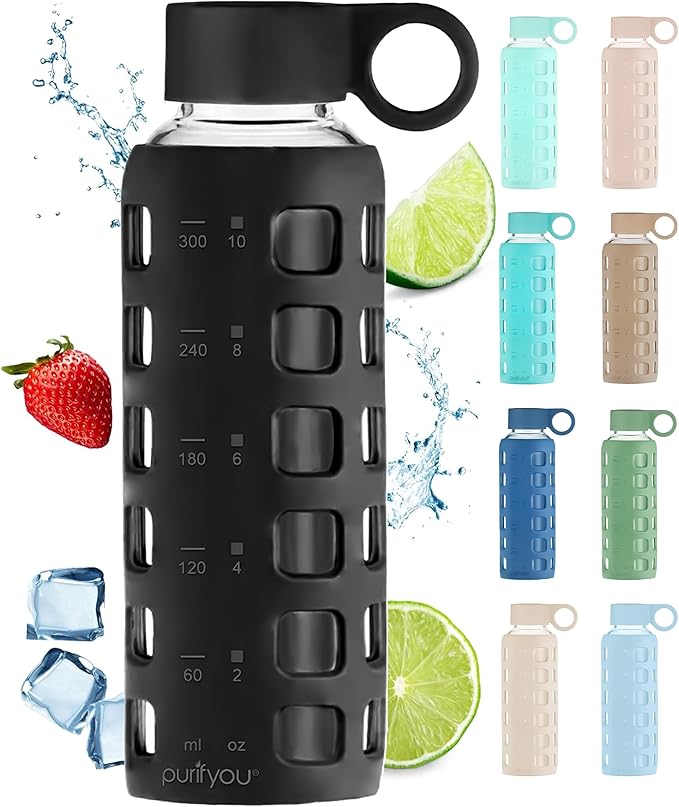 purifyou 40oz / 32oz / 22oz / 12oz Borosilicate Glass Water Bottle with Time & Volume Markers, Silicone Sleeve, Stainless Steel Lid | Reusable Glass Bottle for Water & Juice (12oz Jet Black)