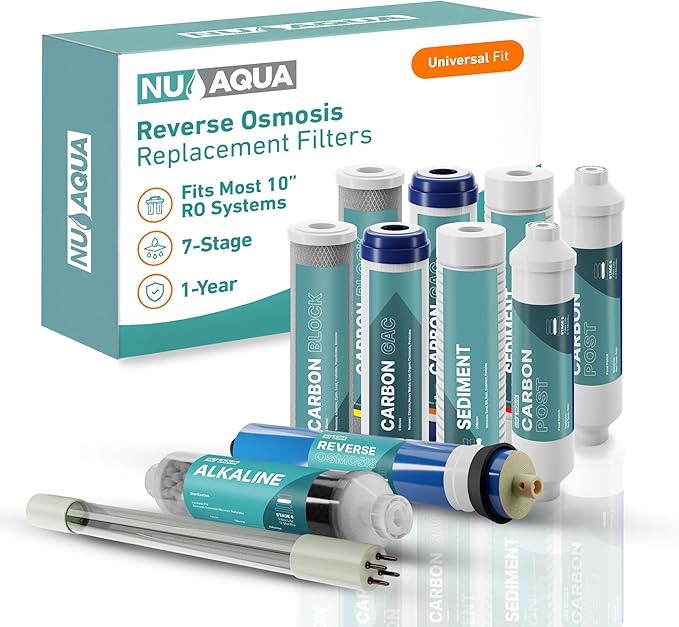 NU Aqua Reverse Osmosis Water Filter System Replacement Set - 7 Stage 1 Year Alkaline & UV Under Sink Kit - Membrane, Sediment, Carbon Filters, Parts & Fittings - Universal RO Filtration Cartridge