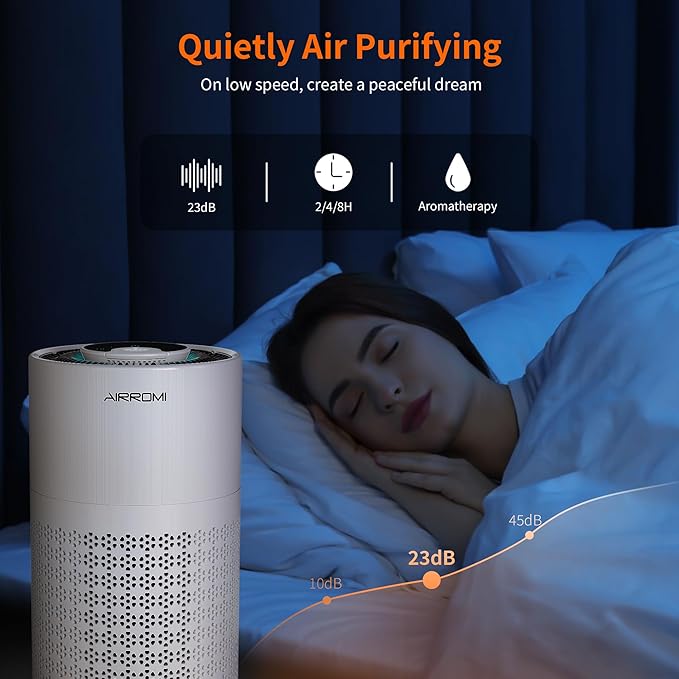 AIRROMI Air Purifier for Bedroom with HEPA 3-in-1 Filter, Pet Air Purifier for Home Cat Pee Smell, Covers Upto 990 Ft², Quiet 360° intake Air Cleaner for pet hair,allergies,Dust,Smoke A2001 White