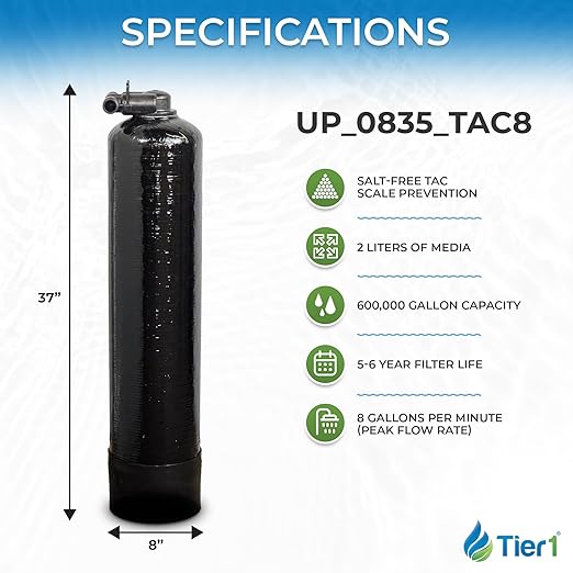 Water Softener Alternative | Salt-Free Water Conditioner | TAC Scale Prevention | 600,000 Gallon Capacity, 5-6 Year Life | Whole House Water Filtration System | Tier1
