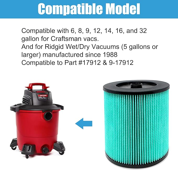 MZY LLC 2 Pack 17912 & 9-17912 Replacement Filter Compatible for Craftsman Shop Vac 5 to 32 Gallon, 3-Layer Pleated 9-17907 Wet/Dry Fine Dust Filter, Part # 17912 & 9-17912
