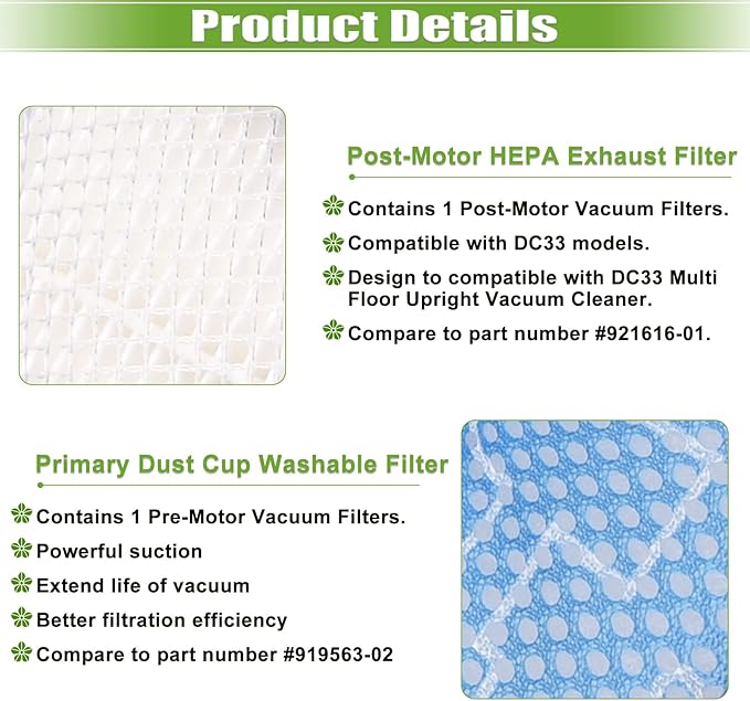 for Dyson DC33 Animal, DC33 All Floor Replacement Bundle Filter Kit, 1 DC33 Washable Dust Cup Primary Filter, 1 DC 33 Post Motor HEPA Exhaust Filter, Generic for 919563-02 921616-01