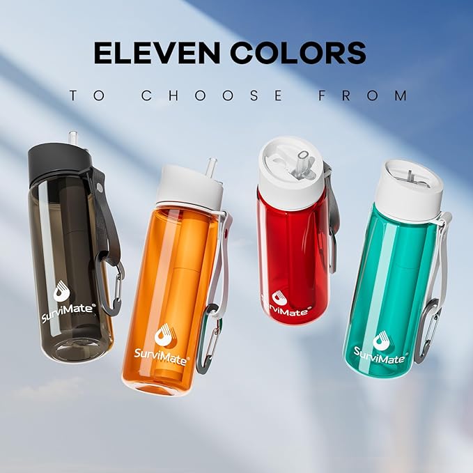 SurviMate 5-Stage 0.01μm Ultra-Filtration Filtered Water Bottle, BPA-Free Material, NSF/ANSI 42&372 Certified, Portable Water Filter Bottle for Survival, Camping, Hiking, and Emergency Use