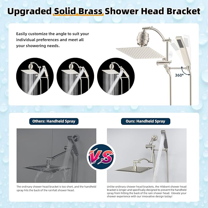 Hibbent Metal 10'' Filtered Rainfall Shower Head with Handheld Combo, High Pressure Shower Wand, 16'' Adjustable Arc Extension Arm, 20 Stage Shower Filter, 71'' Hose, Shower Holder, Brushed Nickel