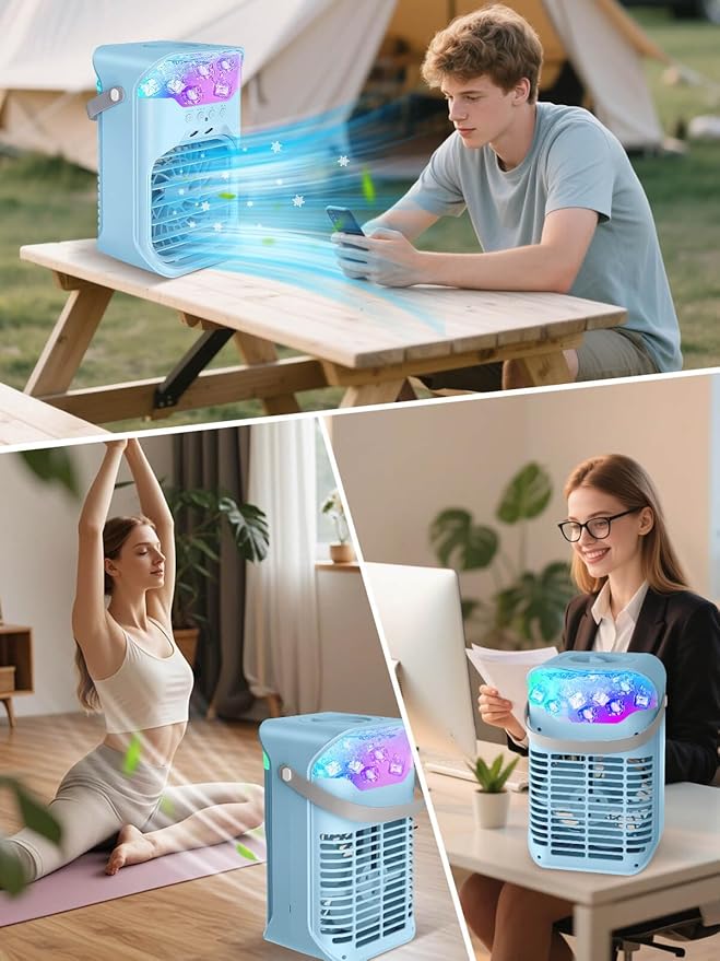 Portable Air Conditioner, 1500ML, Removable & Washable Fan Blades, Timer Function, 4 Speeds, 2 Cool Mists, 7-Color Light, Personal Evaporative Air Cooler for Home, Office, Bedroom, and Camping-Blue