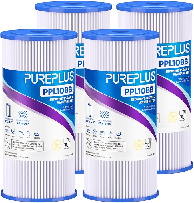 PUREPLUS 20 Micron 10" x 4.5" Whole House Pleated Sediment Filter for Well Water, Replacement Cartridge for GE FXHSC, Culligan R50-BBSA, Pentek R50-BB, DuPont WFHDC3001, W50PEHD, GXWH40L,4Pack