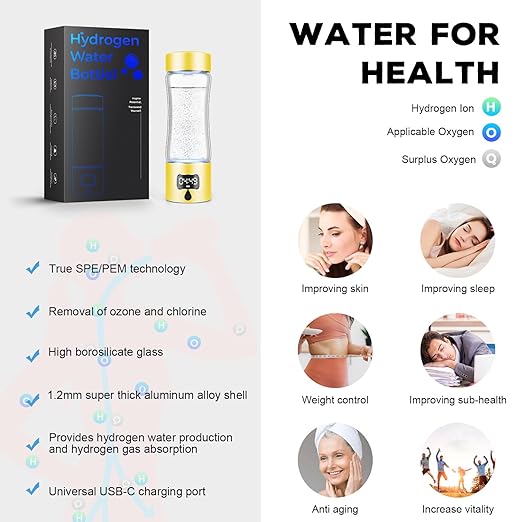 Hydrogen Water Bottle Generator with SPE/PEM Technology, Portable H2 Water Ionizer Machine, Birthday,Xmas Gift for Family Friends Office Travel Sports (Gold, 9.05*Φ2.63in)