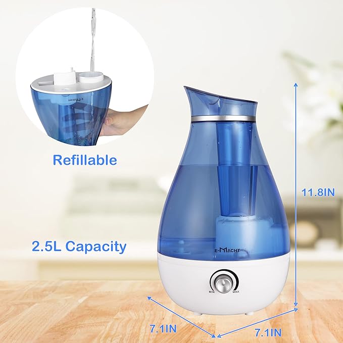 Cool Mist Humidifier - 2.5L Cool Mist Humidifiers for Bedroom Whisper Quiet, Ultrasonic Humidifiers for Baby & Nursery, Air Humidifier for Home Whole House, Easy to Clean, Plant Humidifier with 360° nozzle, Auto Shut-off