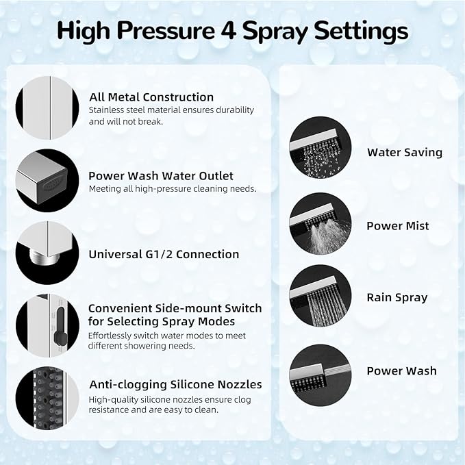 Hibbent All Metal 8'' Rainfall Shower Head, Square Shower Head Combo, High Pressure Handheld Shower Wand, 4 Sprays, 16'' Adjustable Arc-shaped Extension Arm, 71'' Hose, Showerhead Holder, Chrome