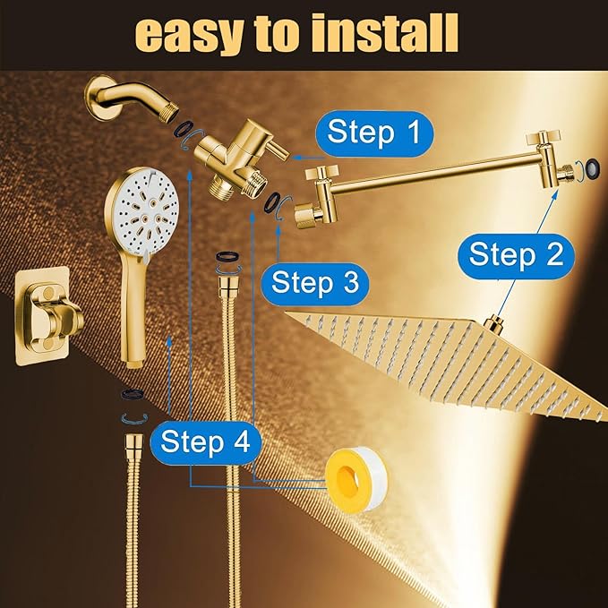 Shower Head, 8" High Pressure Rain shower head with Handheld Spray Combo, 6 Settings Handheld with 78" Anti-leak Hose, 11" Adjustable Extension Arm, Ultra Thin Water Saving, Gold, AWAXFOLO