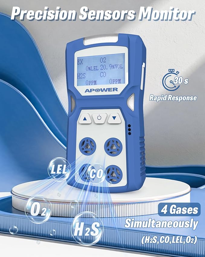 Gas Detector, 4 Gas Monitor for H2S, CO, LEL and O2, Portable Multi Gas Leak Detector with Vibration, Visual and Audible Alarms, 14h Long Battery Life, Natural Propane Sniffer Home Room Travel