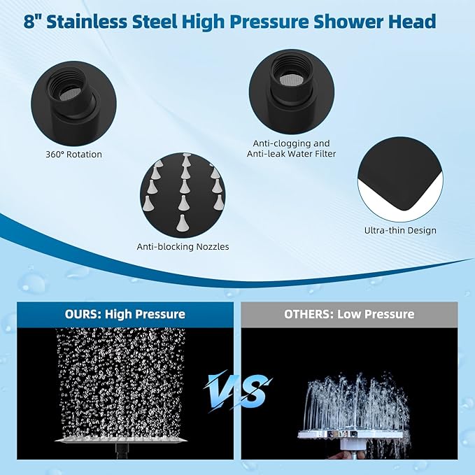 Hibbent All Metal Shower Head, 8'' High Pressure Rain Shower Head/Handheld Showerhead Combo with 16'' Adjustable Arc-shaped Extension Arm, 10 Sprays, 71'' Hose, Showerhead Holder, Matte Black