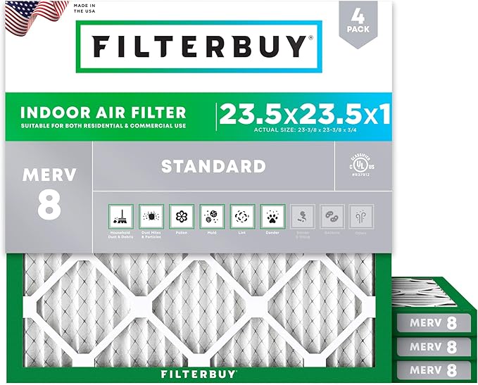 Filterbuy 23.5x23.5x1 Air Filter MERV 8 (MPR 700) Dust Defense Replacement (4-Pack), Electrostatic Pleated HVAC AC Furnace Filters, Made in USA (Actual Size: 23.38 x 23.38 x 0.75)