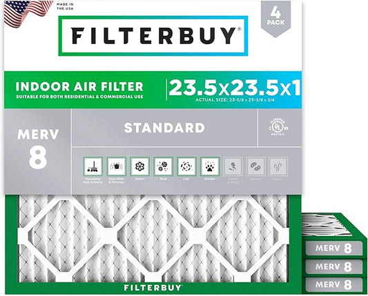 Filterbuy 23.5x23.5x1 Air Filter MERV 8 (MPR 700) Dust Defense Replacement (4-Pack), Electrostatic Pleated HVAC AC Furnace Filters, Made in USA (Actual Size: 23.38 x 23.38 x 0.75)