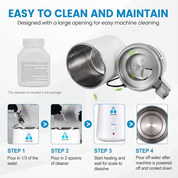 DC HOUSE 1 Gallon Water Distiller Machine, 750W 4L Pure Distilled Water Maker Machine for Home Countertop Table Desktop, Drinking Purifier for Home Kitchen CPAP Hmidifiers with Pastic Container