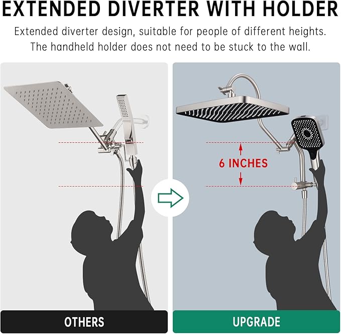 13 Inch Rainfall Shower Head with Multi-Function Handheld Sprayer Combo, 3-Way Metal Extended Diverter with Holder and Metal Adjustable Curved Shower Extension Arm, Extra Long Hose Brushed Nickel