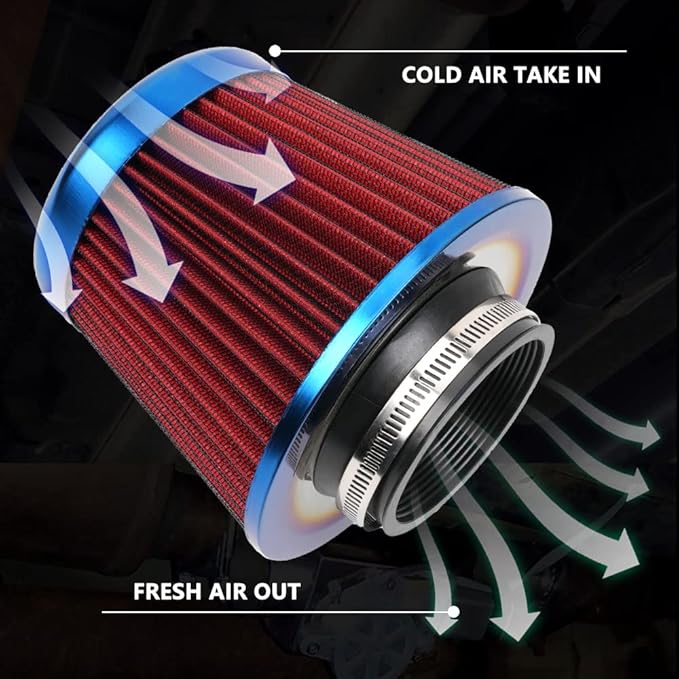 Cold Air Intake Filter, High Performance, Washable Filter, Clamp-On Replacement Air Filter, Flange Diameter 3inch/76mm Red