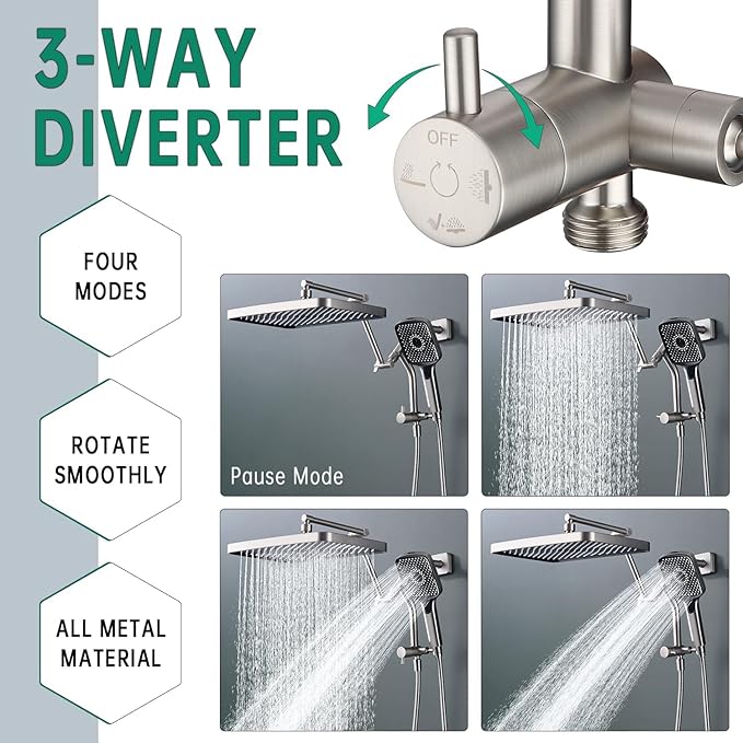 13-Inch Shower Heads with Multi-Function Handheld Sprayer Combo, 3-Way Metal Extended Diverter with Holder and Metal Adjustable Shower Extension Arm, Extra Long Hose
