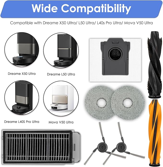 (22 Pack) X50 Ultra Replacement Parts for Dreame L50 Ultra/ L40S Pro Ultra/ X50 master Robot Vacuum Cleaner, 2 Roller Brushes, 6 Side Brushes, 5 Dust Bags, 5 HEPA Filters, 4 Mop Pads, Accessories Kit