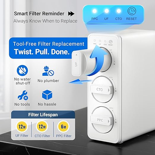 LCF 0.01μm Ultra-Filtration Under Sink Water Filter System, 3-Stage Alkaline Mineral pH+ Water Purifier, LED UV͎ Ultrąviolët SUS304 Faucet, Reduces up to 99.9% of Baçtёria, Bad Taste & Chlorine