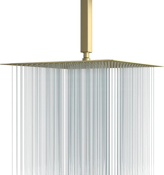 Lordear Gold Rain Shower Head 16 Inch Square Rainfall High Pressure Stainless Steel Rainfall Shower Head 360° Rotation Shower Head Waterfall Showerhead with Silicone Nozzle