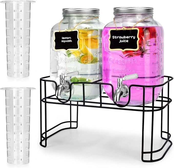 1 Gallon Glass Drink Dispensers For Parties 2PACK.Beverage Dispenser，Drink Dispenser With Stand And Stainless Steel Spigot 100% Leakproof.Glass Drink Dispenser With Ice Cylinder. Lemonade