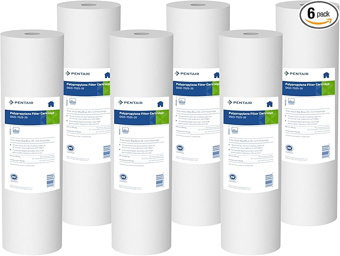 Pentair Pentek DGD-7525-20 Big Blue Water Filter, 20-Inch Whole House Sediment Filter Cartridge Replacement, Dual-Gradient Density Spun Polypropylene, 20" x 4.5", 25 Micron, Pack of 6