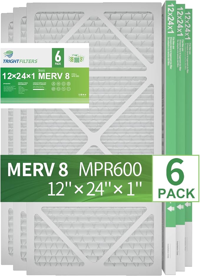 12x24x1 Air Filter 6 Pack, Durable MERV 8 Pleated Home HVAC AC Furnace Filters, Lightweight Compact Air Conditioner Filter Replacement