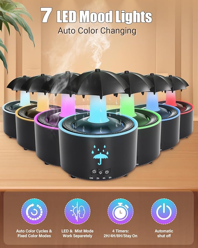 Aesthetic 2-in-1 Humidifier Oil Diffuser with Rotating Raindrop & 7 LED Mood Lights,Cool Mist Humidifier Quiet Variable Mist for up to 24 Hrs,Easy to Fill & Clean, Auto Shut-Off