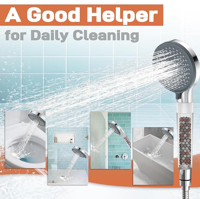 YDmeet Filtered Handheld Showerhead with Shower Holder Set, 3-Mode Spray Setting, Long Metal Hose, Extra 6 Packs Replacement Mineral Balls for Refills, Chrome