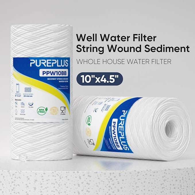 PUREPLUS 25 Micron 10 x 4.5 Whole House String Wound Sediment Filter for Well Water, Replacement Cartridge for 84637, WPX5BB97P, PC10, CW5-BBS, 355215-45, WP10BB97P, WP5BB97P, 2Pack
