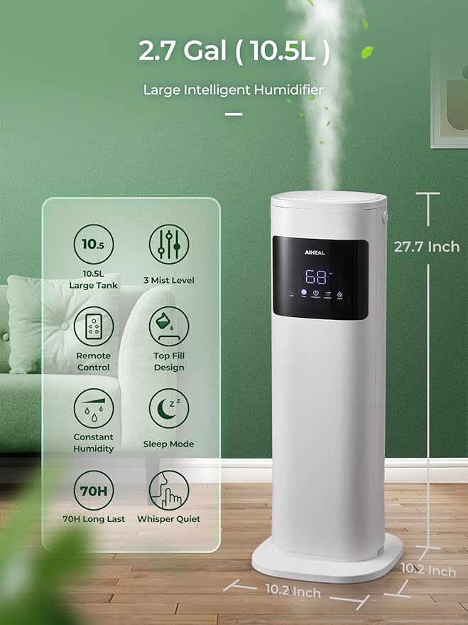 Humidifier for Large Room Home, 10.5L Top Fill Cool and Warm Mist Ultrasonic Floor Humidifiers for Baby and Plants with Customized Humidity, Timer, Sleep Mode, Auto Shut Off, Quiet, White