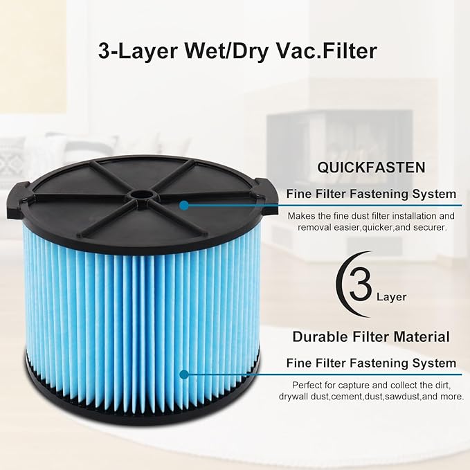 4 Pack VF3500 Replacement Filter for Shop Vacuum 3-4.5 Gallon Wet Dry Vacuums, 3-Layer Filters for WD4050, WD3050, WD4080, WD4522, 4000RV, 4500RV