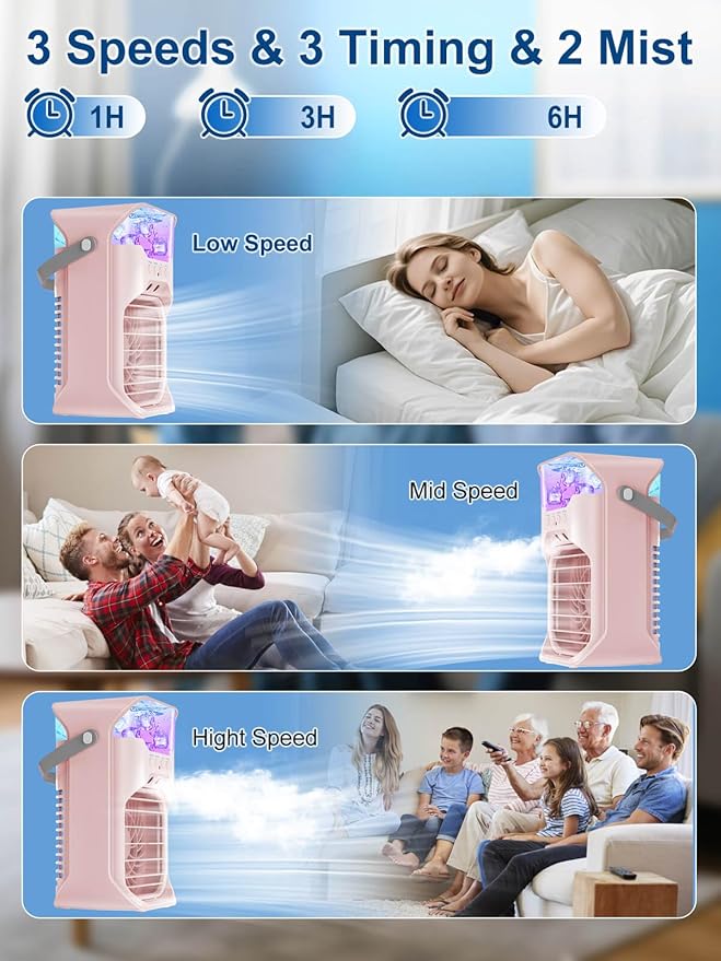 Portable Air Conditioner, 1500ML, Removable & Washable Fan Blades, Timer Function, 4 Speeds, 2 Cool Mists, 7-Color Light, Personal Evaporative Air Cooler for Home, Office, Bedroom, and Camping-Pink