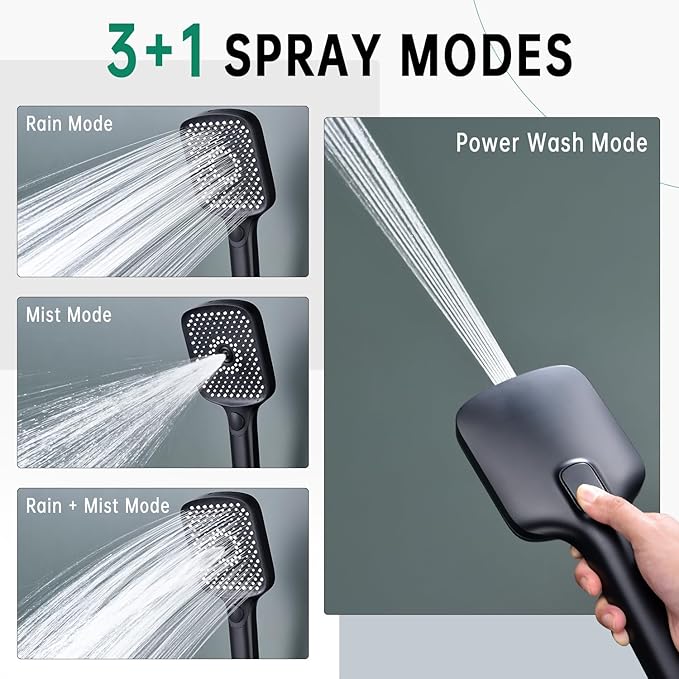 13 Inch Rainfall Shower Head with Multi-Function Handheld Sprayer Combo, 3-Way Metal Extended Diverter with Holder and Metal Adjustable Curved Shower Extension Arm, Extra Long Hose Matte Black
