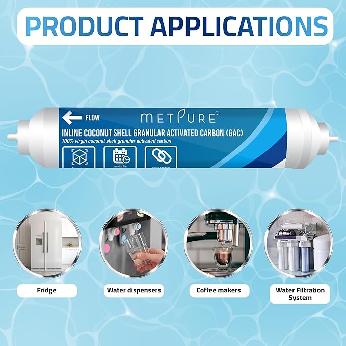 In line Water Filter 2" x 10" Coconut Shell Post Activated Carbon Water Filter Replacement 1/4" Quick Connects for Inline Reverse Osmosis RO Water Filtration, Refrigerator, Ice Maker [2 Pack]