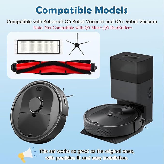 Q5 Replacement Accessories Kit Compatible with Roborock Q5 / Q5+ Plus Robot Vacuum, 2 Main Brushes, 6 Washable Filters, 8 Side Brushes, 1 Cleaning Tool, 1 Screwdriver (Not for Q5 Max / Q5 Pro)