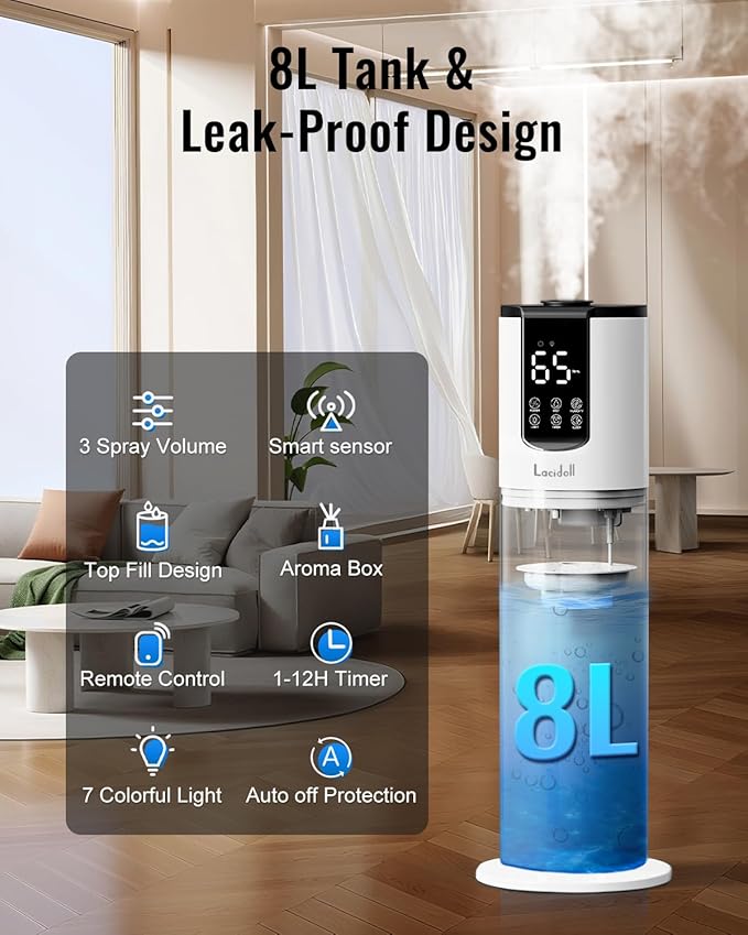 8L Humidifiers for bedroom, Humidifiers large room up to 500 sq ft, Easy to Clean Humidifier with Fully Washable Parts, Ultrasonic Cool Mist Humidifier for Home Plants Baby Nursery Office
