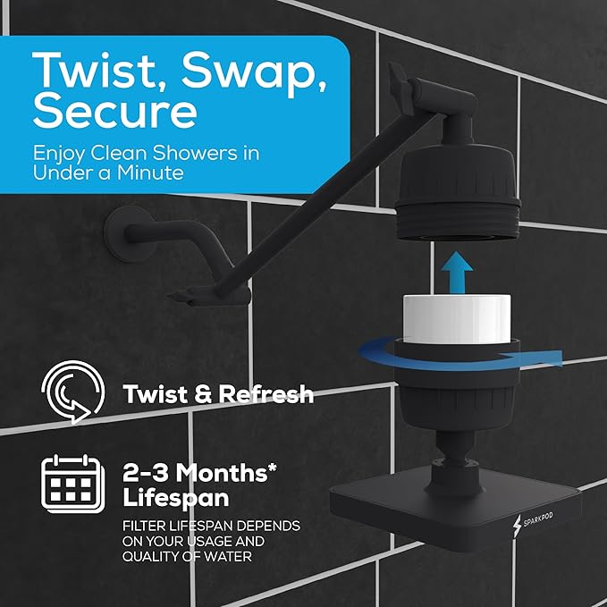 SparkPod 6" High Pressure Rain Shower Head with 23 Stage Filter Capsule & 11 Inch Adjustable Shower Arm Extension - Shower Filter Reduces Chlorine for Smoother Hair & Skin (Square, Black Matte)