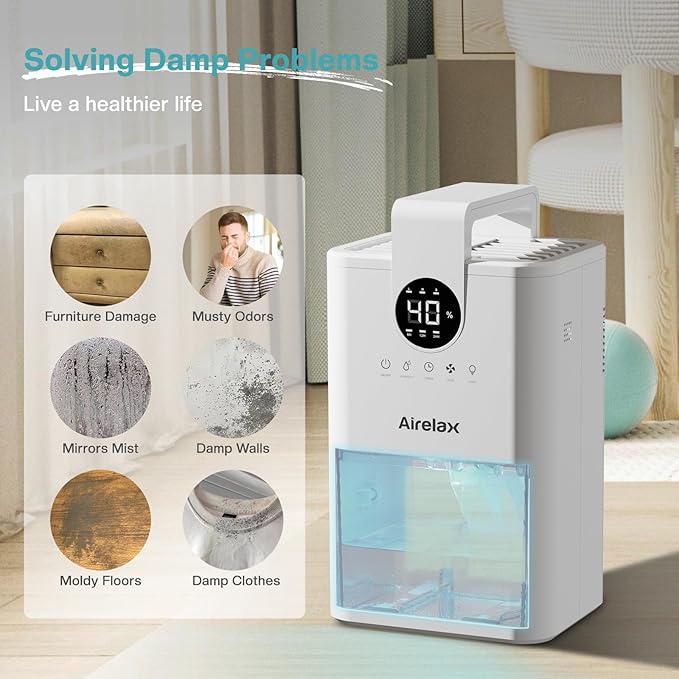 Dehumidifier, Airelax 1000ml Dehumidifiers for Home, Whisper-Quiet Small Dehumidifier for Bedroom with Auto Shut Off, 5 Touch Function Buttons, Dehumidifiers for Basement, Bathroom, Closet, RV