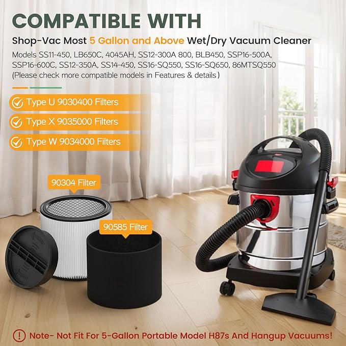 90304 Replacement Filter Kit Compatible with Shop Vac Cartridge Filter 90350 90304 90333 90585, Fits Most 5 Gallon and above Wet Dry Vacuum Cleaner (2+2+4+1)