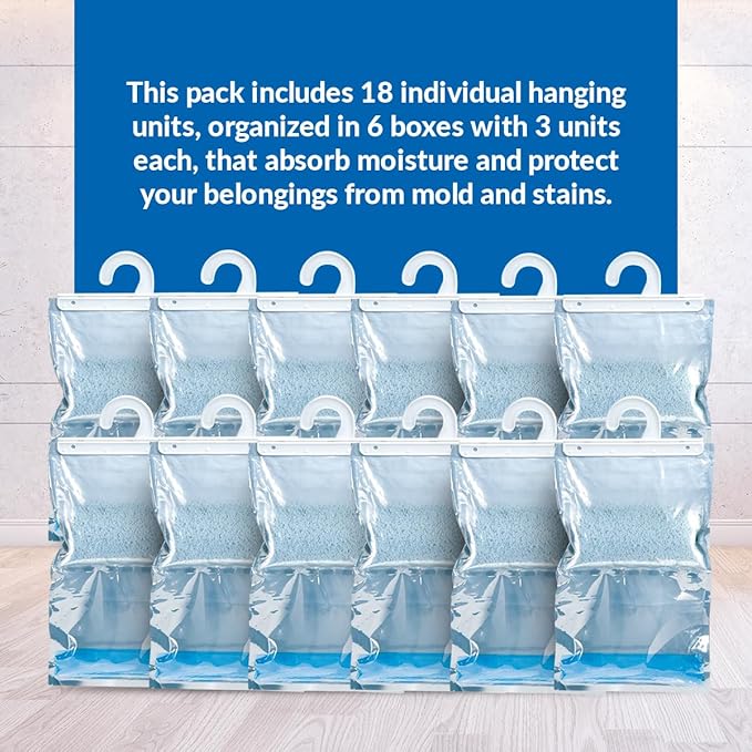 HUMYDRY® - 18 Pack of Hanging Dehumidifier Bags - Moisture Absorbers - 15.9 oz - 6 boxes, each with 3 bags - Prevents moisture - Unscented - For spaces up to 200 sq. ft.
