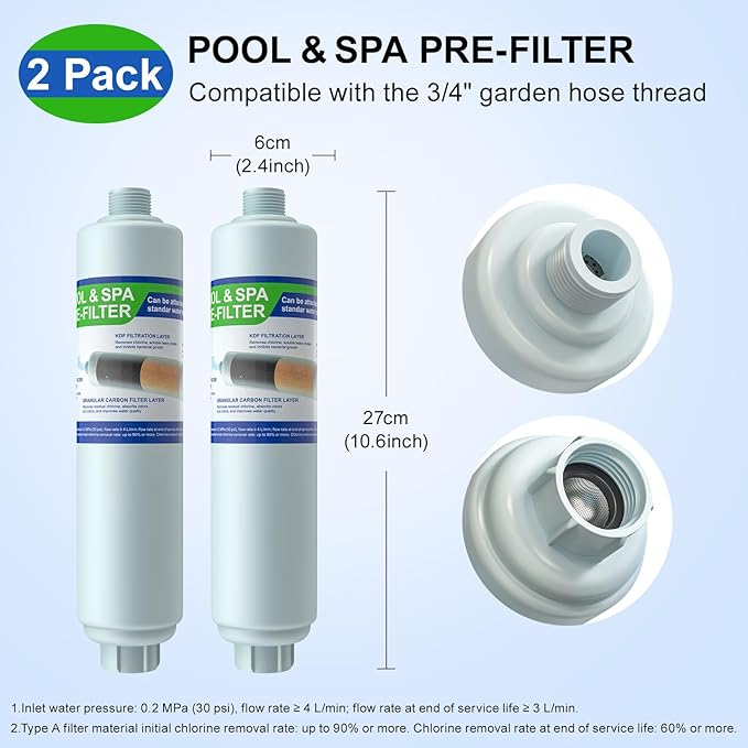 Garden Hose Filter for Filling Hot Tub/Pool/Spa, Greatly Reduces Sediment, Chlorine, Heavy Metals and Odors, Standard 3/4" Garden Hose Thread, Hose Filter, Up to 8,000 Gallons (2 Pack)