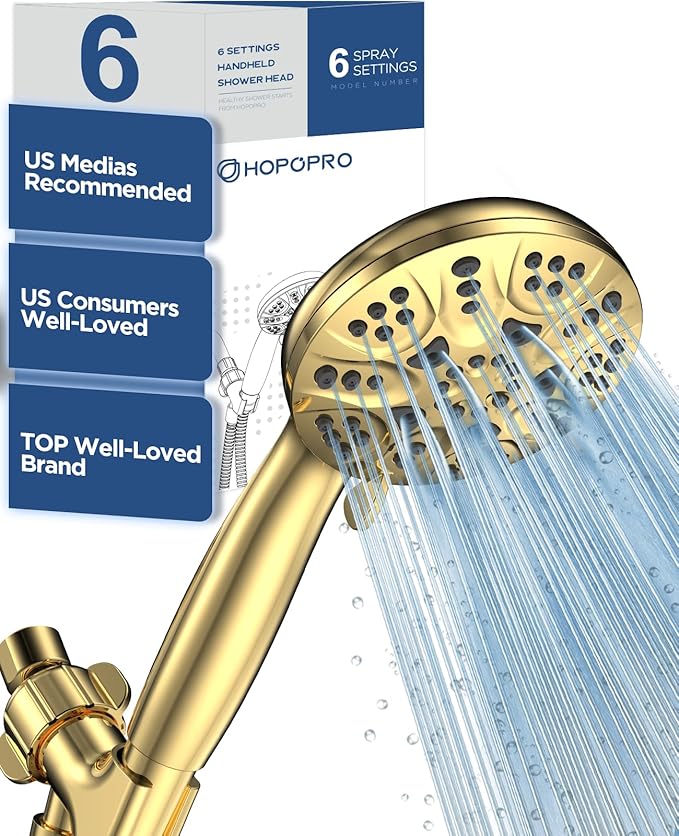 6-Mode High Pressure Handheld Shower Head Set, Consumer Reports Recommended HOPOPRO High Flow Hand Held Showerhead with 59 Inch Hose Bracket Teflon Tape Rubber Washers