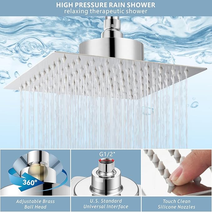 High Pressure Rain Shower Head with Filtered - 10" All Metal Square Showerhead Filter for Remove Chlorine and Harmful Substances, Chrome