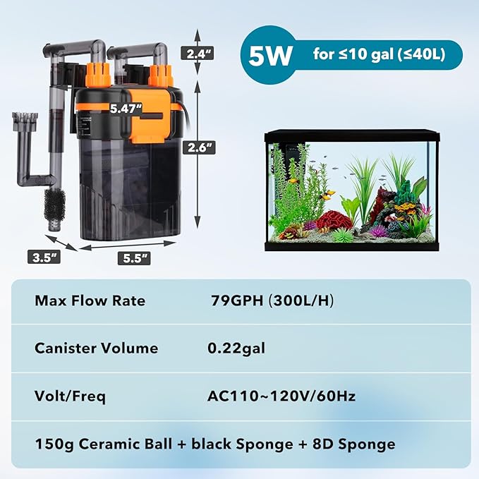 hygger External Hang-On-Back Canister Aquarium Filter,Quiet Fish Tank Filter with 3-Stage Filtration,Anti-Dry Burn Motor,Adjustable Flow,Oil Skimmer,Duckbill Nozzle,Shower Spray Bar (5W,≤10 gal)