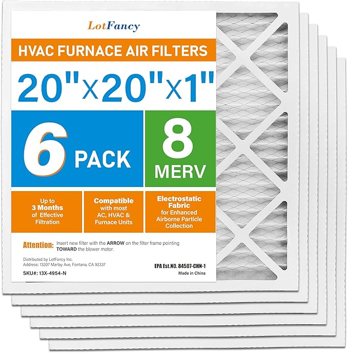 LotFancy 20x20x1 Air Filter, 6 Pack MERV 8 Pleated Furnace Air Filters Replacement for HVAC (Actual Size: 19.75"x19.75"x0.75")